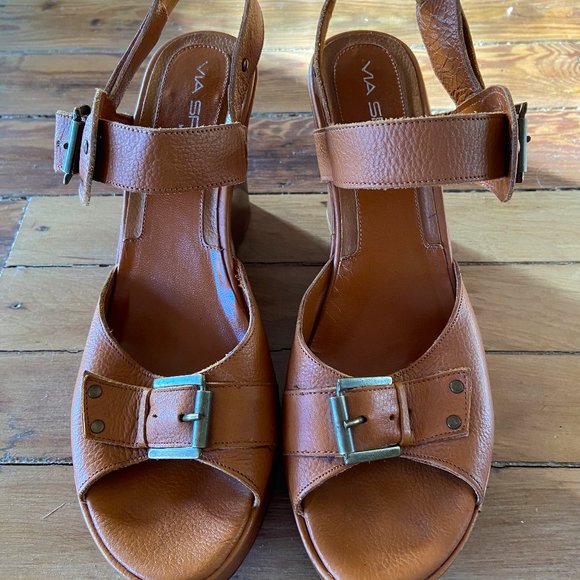 Via Spiga Italian Wedge Leather Sandal Heels - Picture 5 of 15